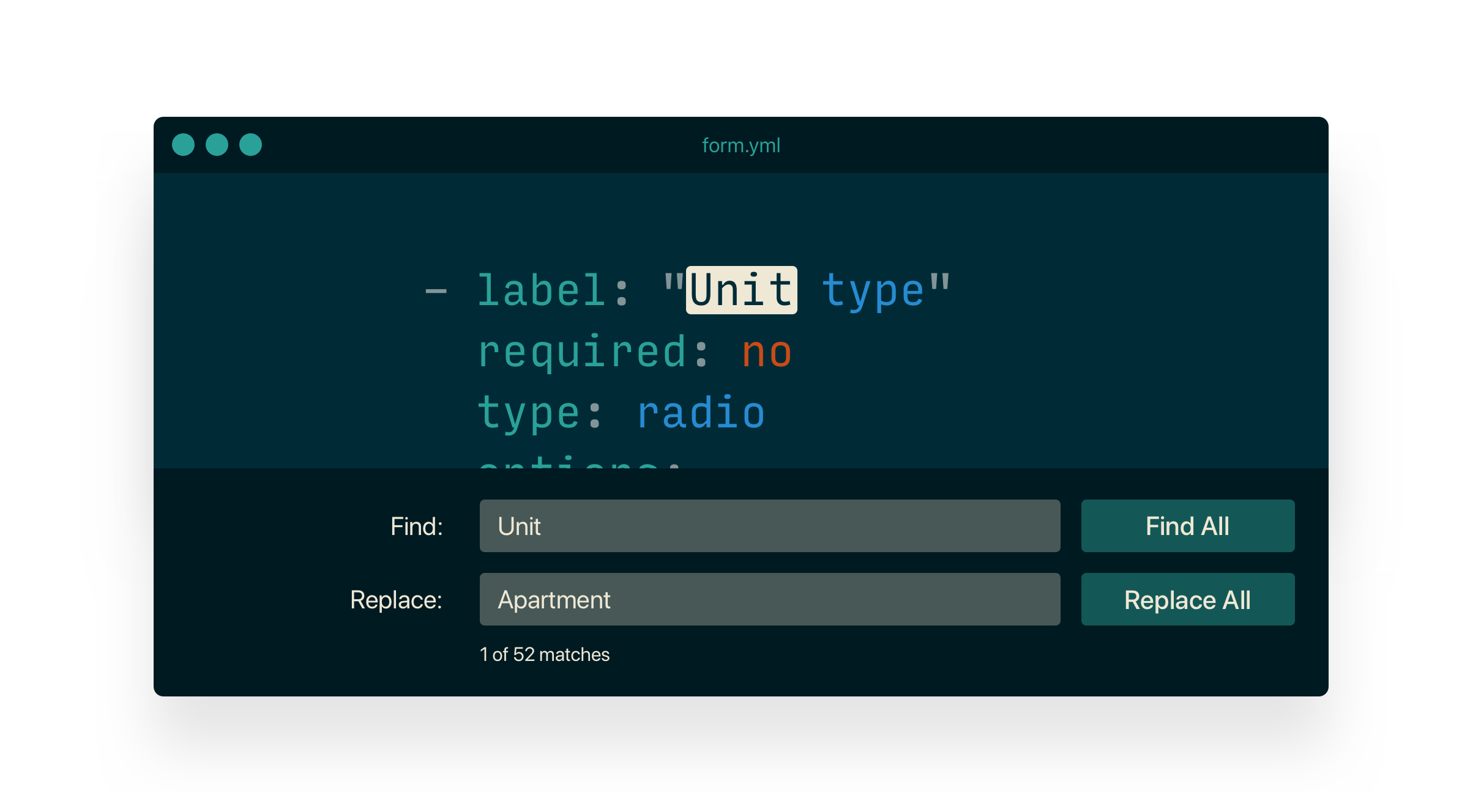 An example of running find / replace in a YAML file with a text editor.