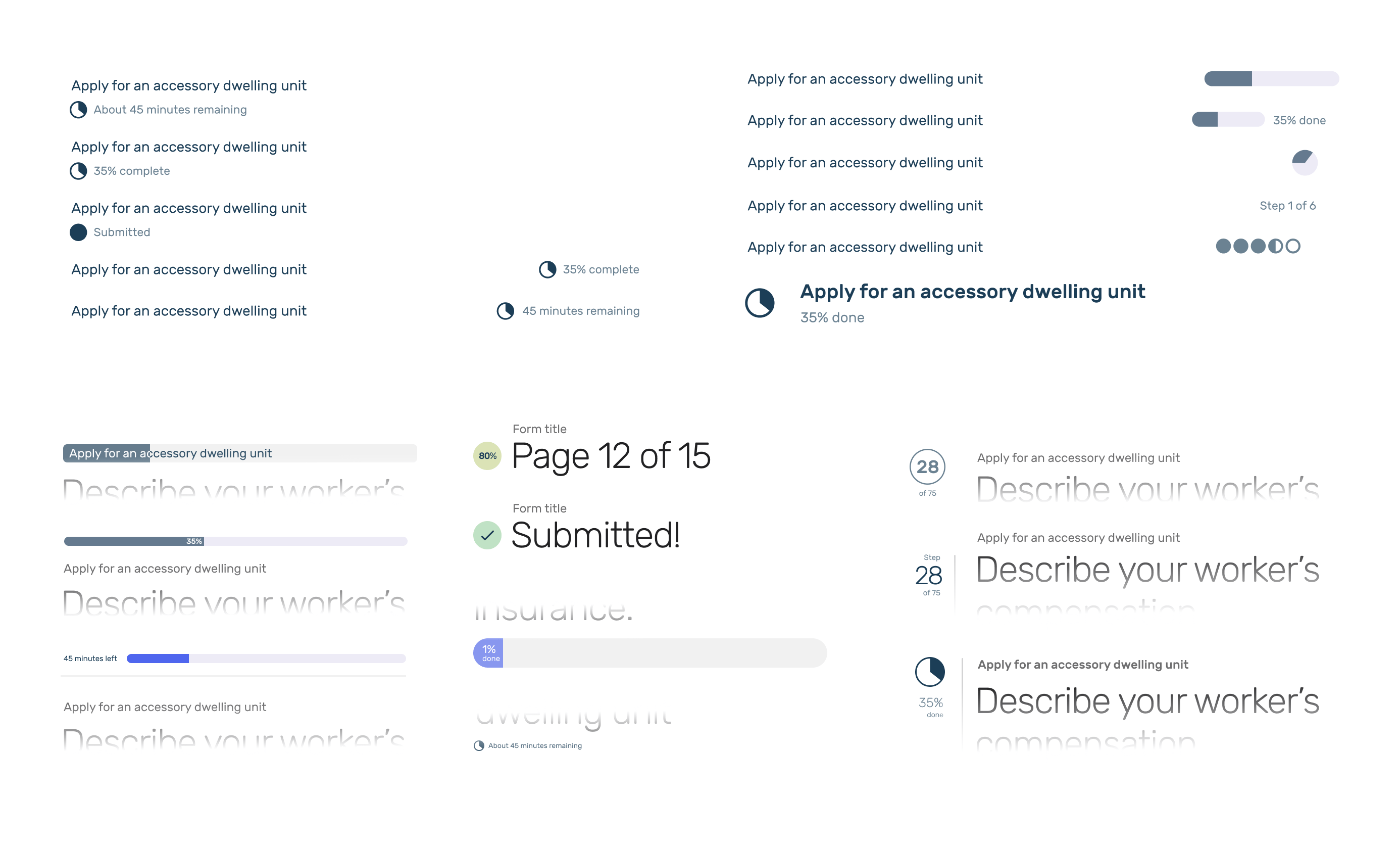 Various design explorations for the form's progress bar.