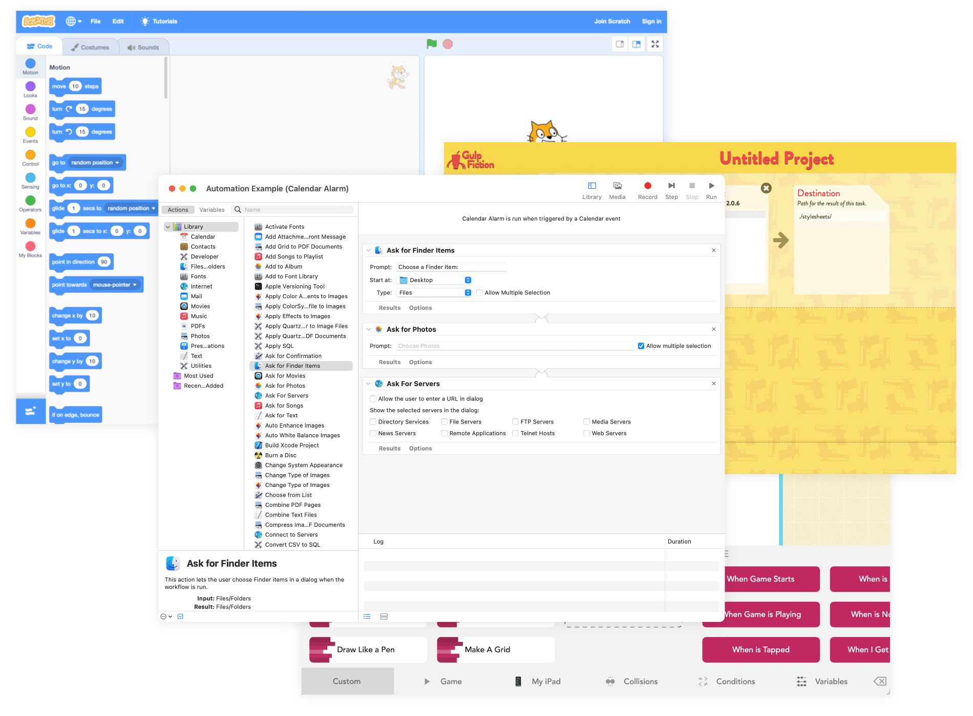 Screenshots of the Scratch programming language, the Gulp Fiction web app, Automator for MacOS and Hopscotch for iPad.